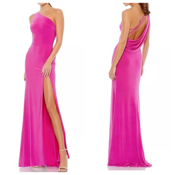 Mac Duggal Women's Ieena size 2 Maxi Gown Jersey One Shoulder Draped Back NWT - Picture 1 of 7
